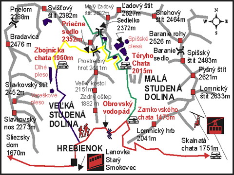 Mapa trasy Veľkou a Malou Studenou dolinou Vysokých Tatier